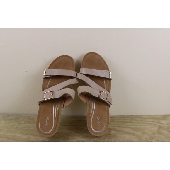 New Aetrex Womens Sandals 10 Brown Beige Leather Wedge Cork Sole Buckle - Picture 4 of 8